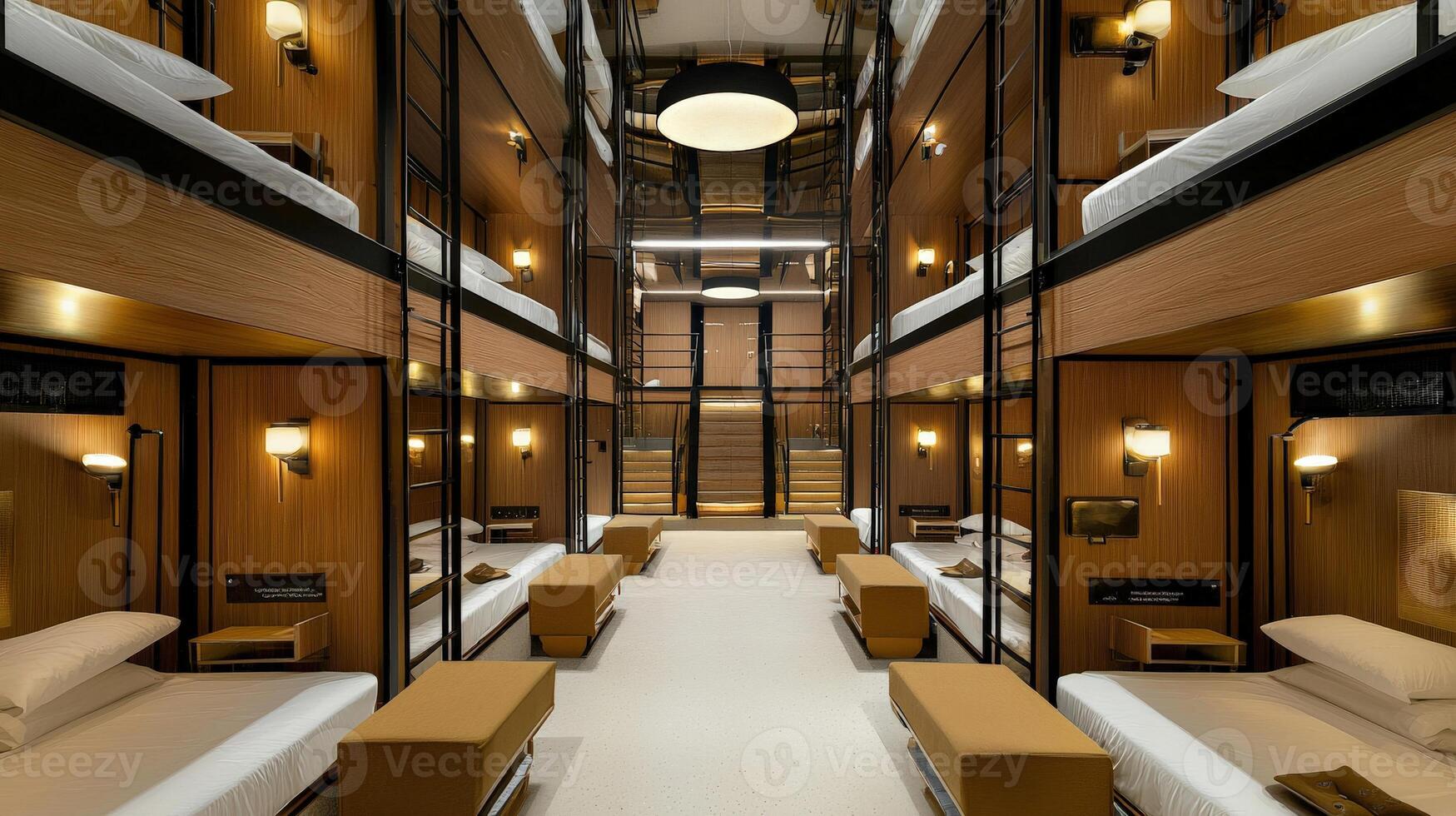 A long hallway with many beds and a stairway photo