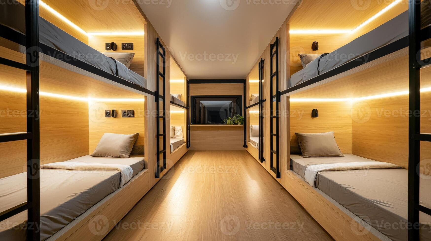 A long row of bunk beds in a room photo
