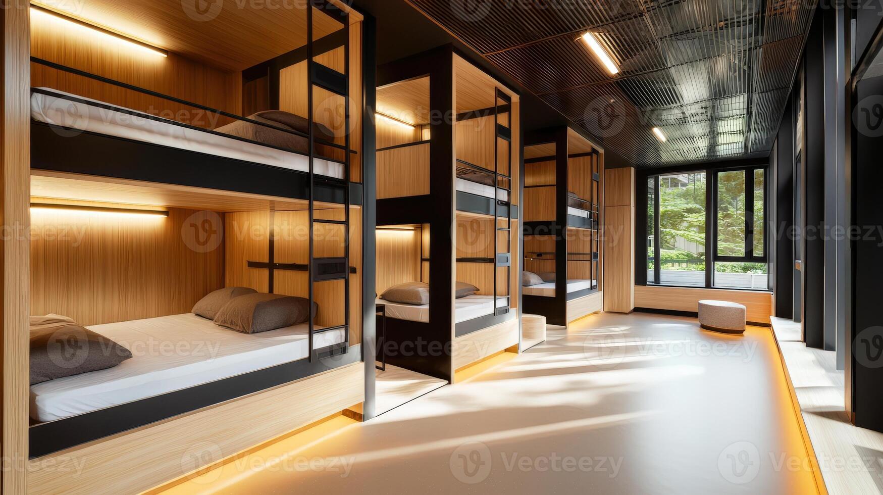 Bunk beds in a modern room with windows photo