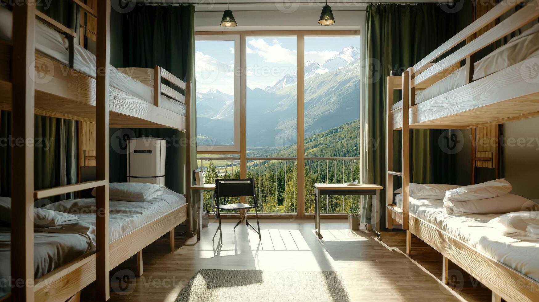 A bunk bed room with a window and a desk photo