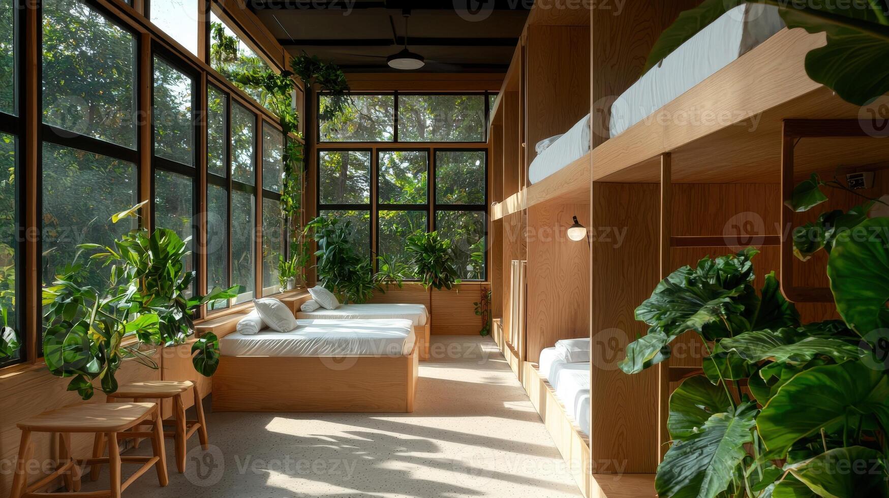 A room with a bed, a desk and a window photo