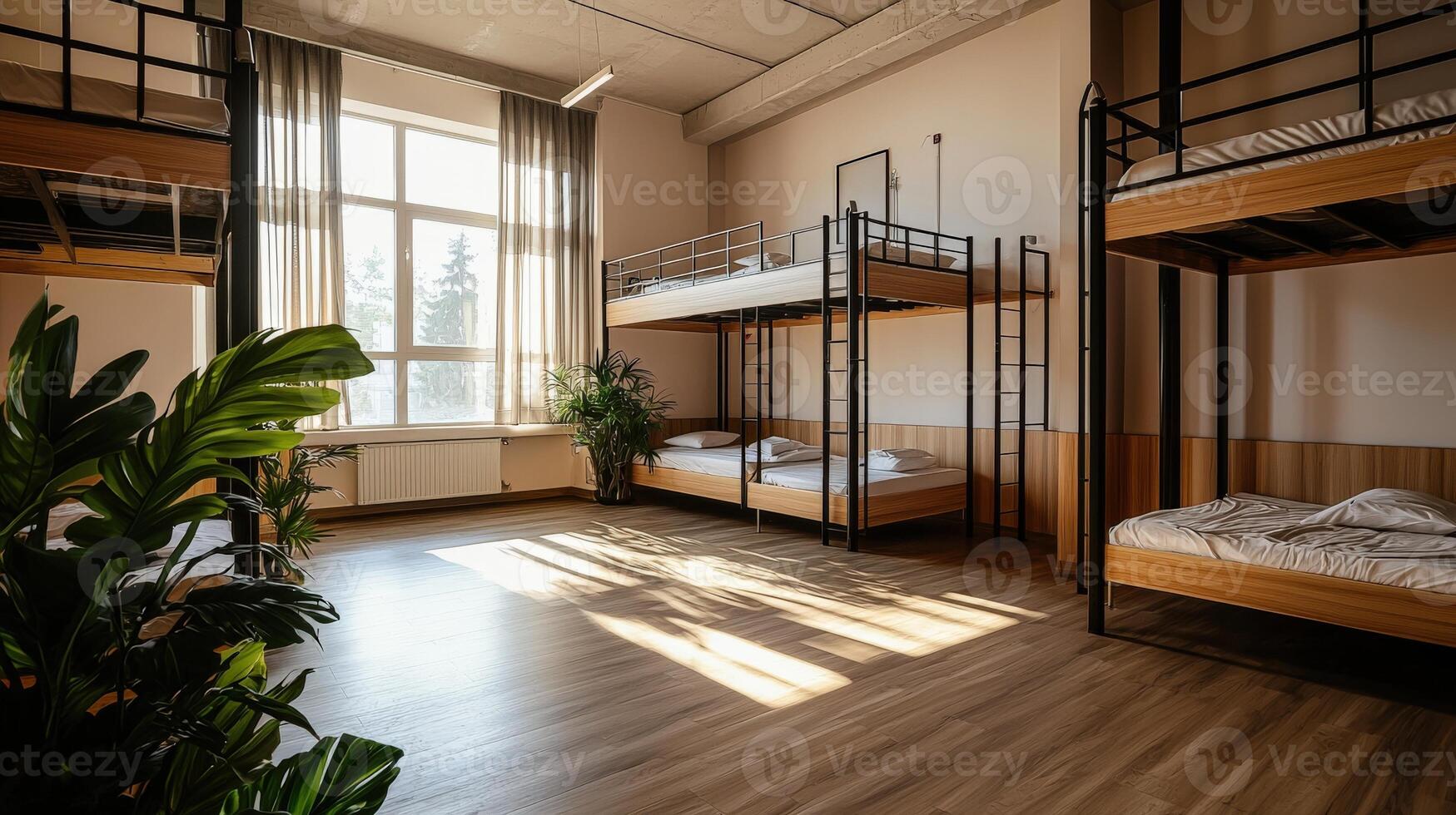 A bunk bed room with two beds and a plant photo