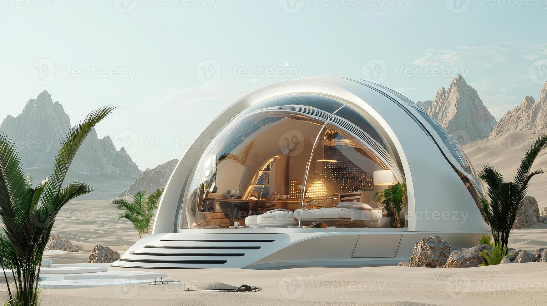 A futuristic house in the desert with a pool photo