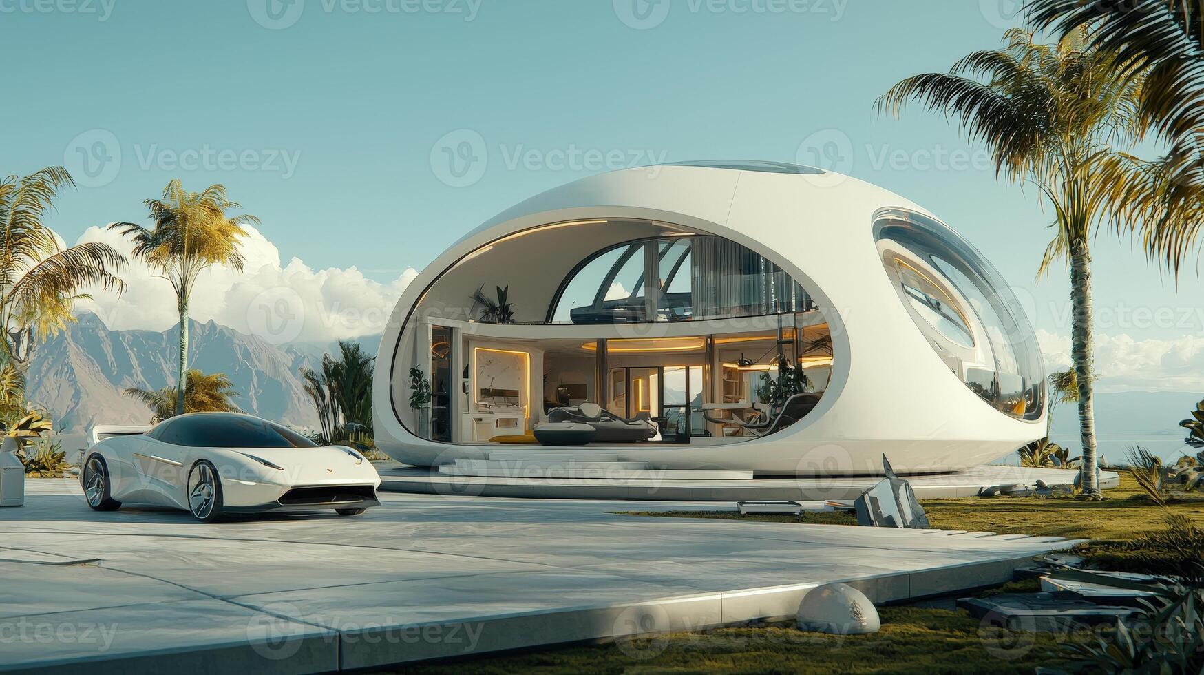A futuristic house with a car in front of it photo
