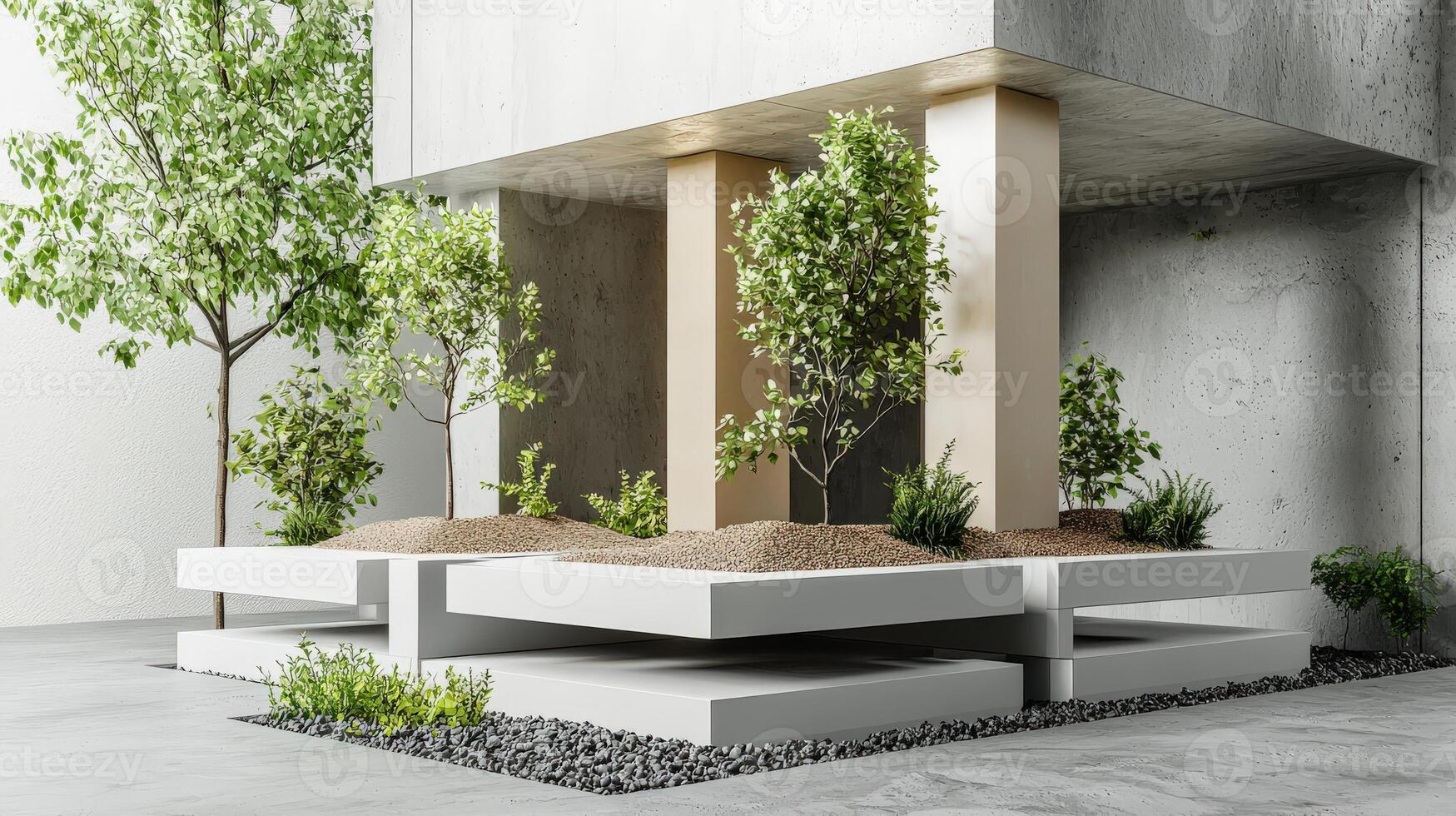 A modern concrete building with a large planter photo