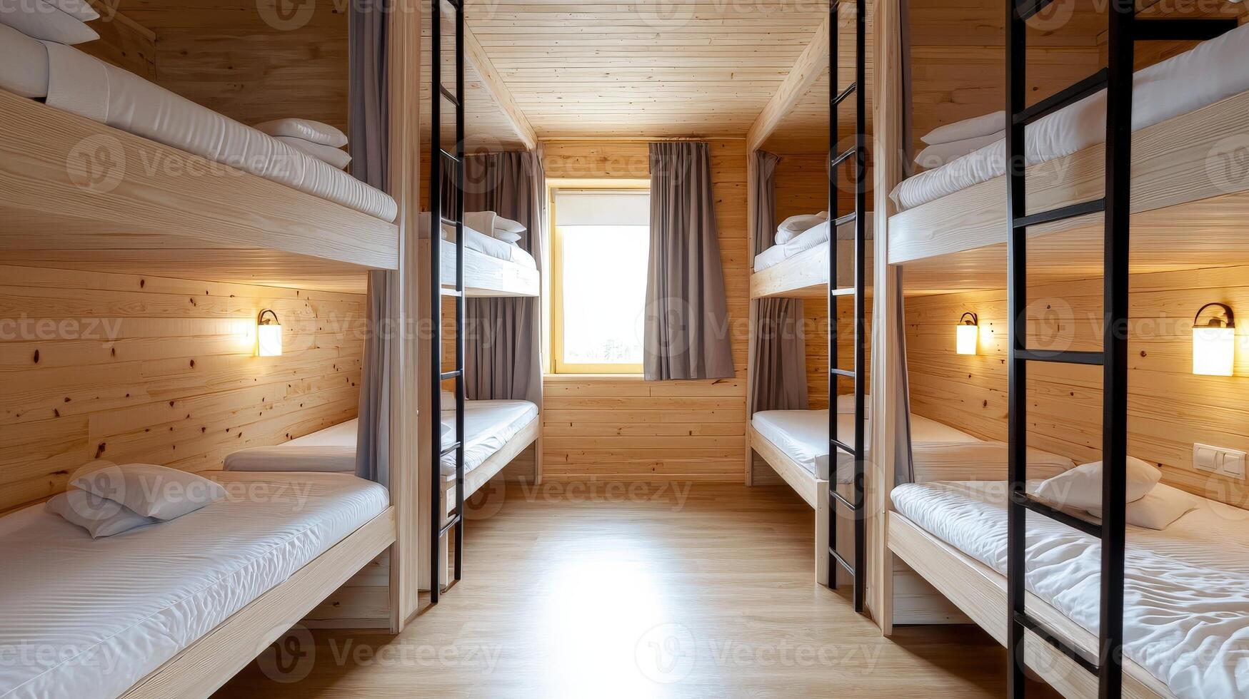Bunk beds in a room with wooden walls and windows photo