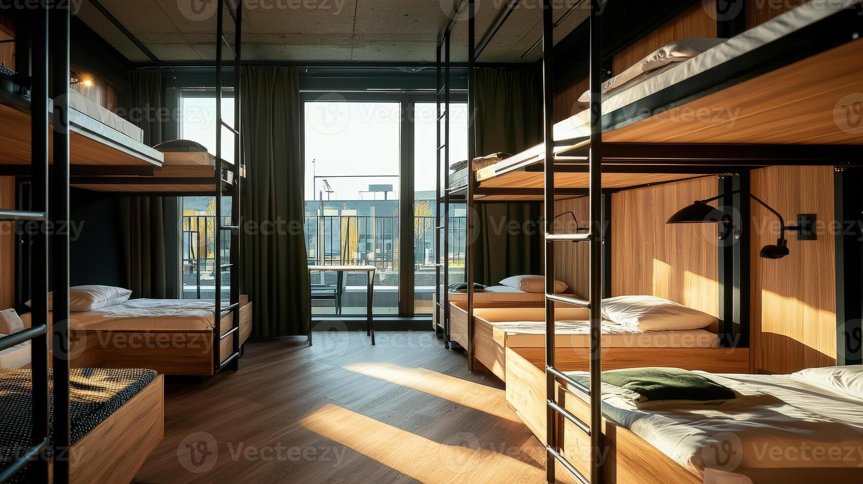 A bunk bed in a room with windows and a wooden floor photo