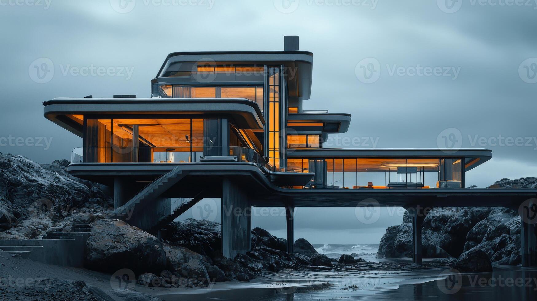 A modern house on the shore of the ocean photo