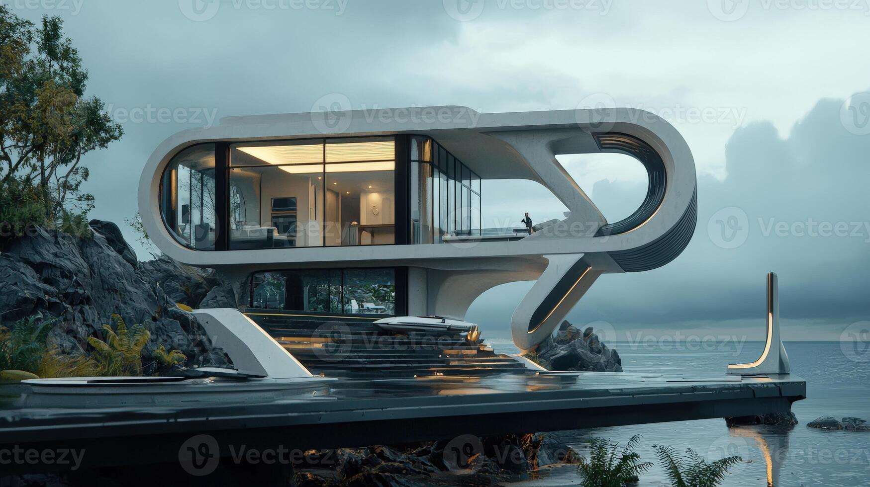 A futuristic house on the edge of the water photo