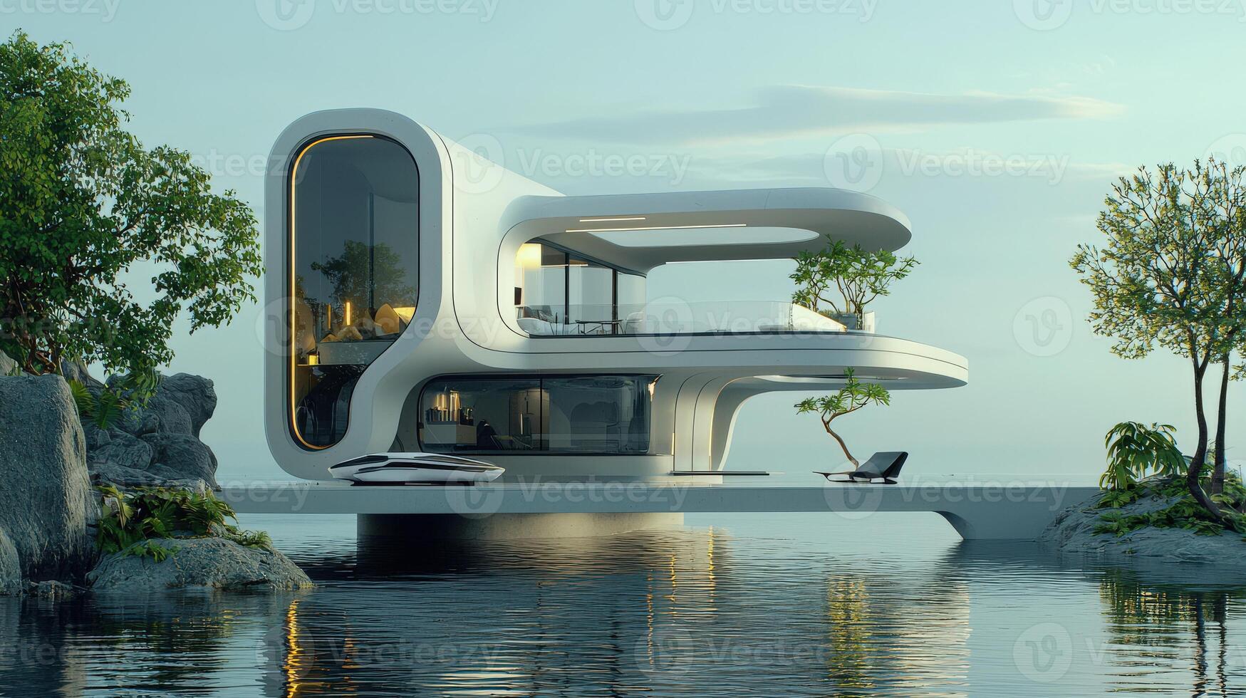 A futuristic house on the water with a car photo