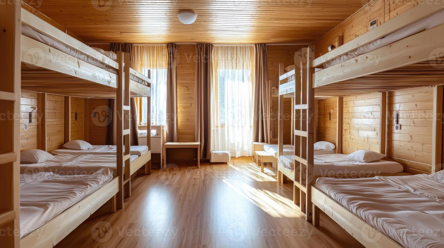 A bunk bed room with several beds and a window photo