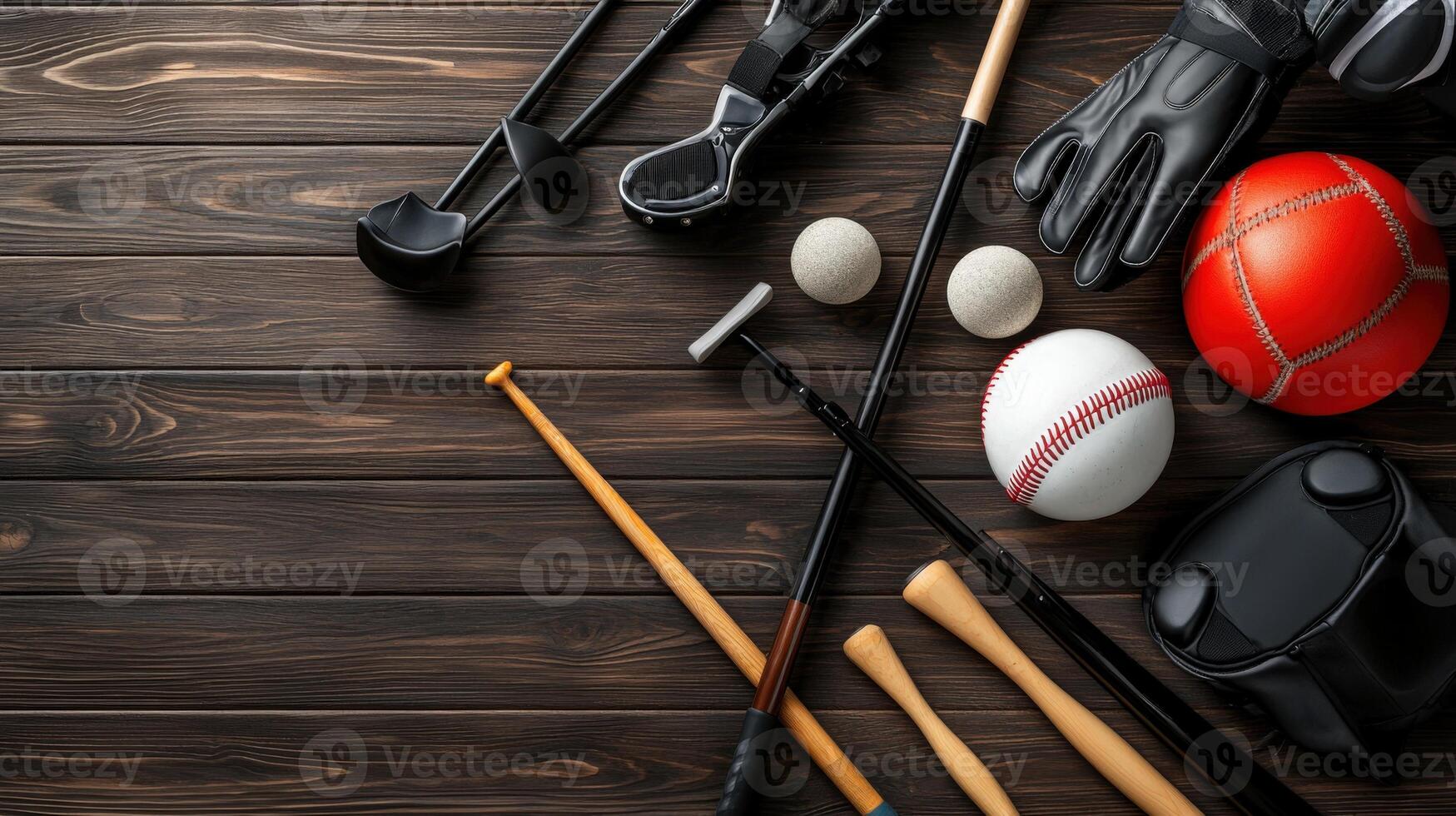 Various sports equipment on a wooden table photo