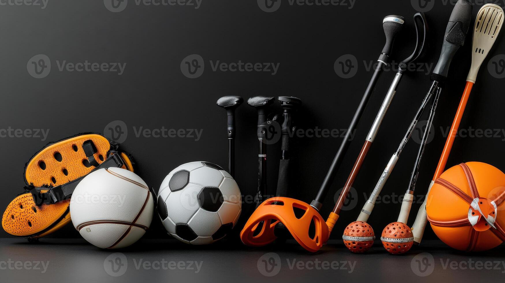 Various sports equipment on a black background photo