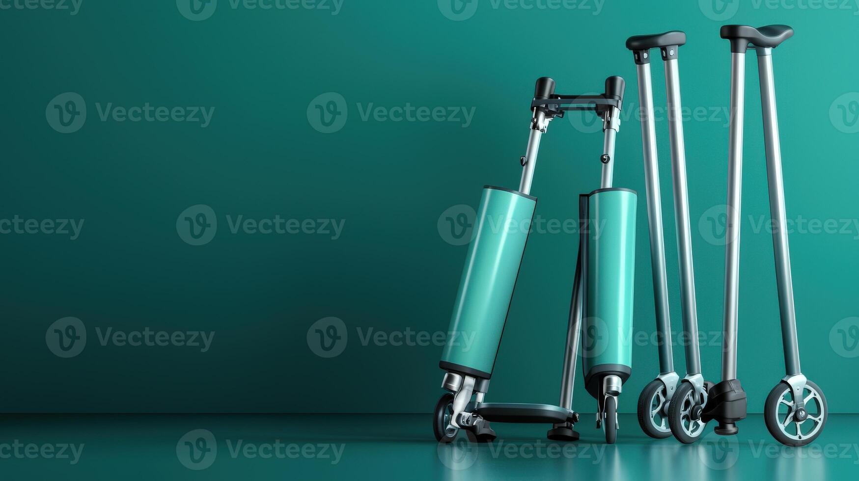 Three crutches and a wheeled walker against a green background photo