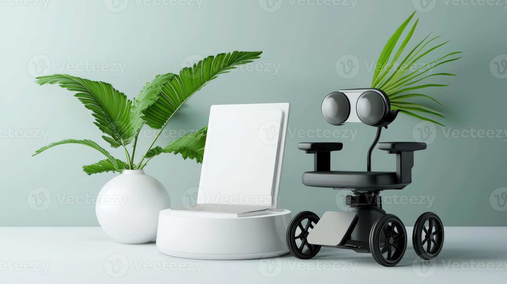 A robot with a sign on it next to a plant photo