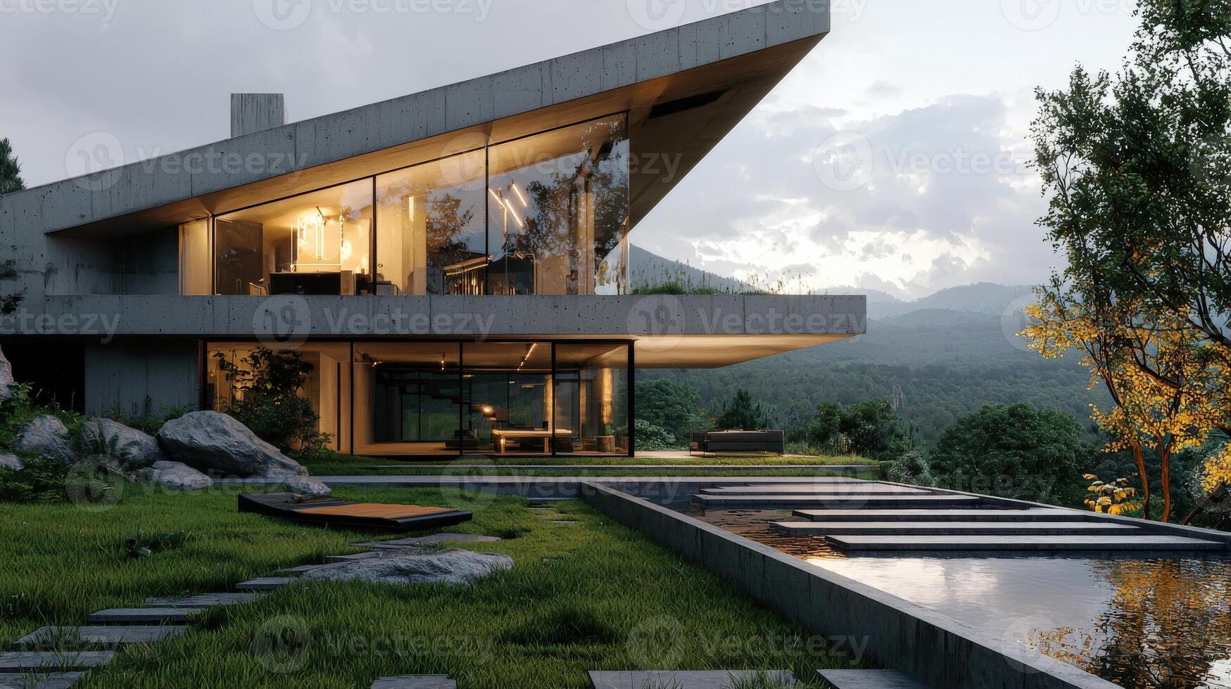 Modern house with a pond and mountains in the background photo