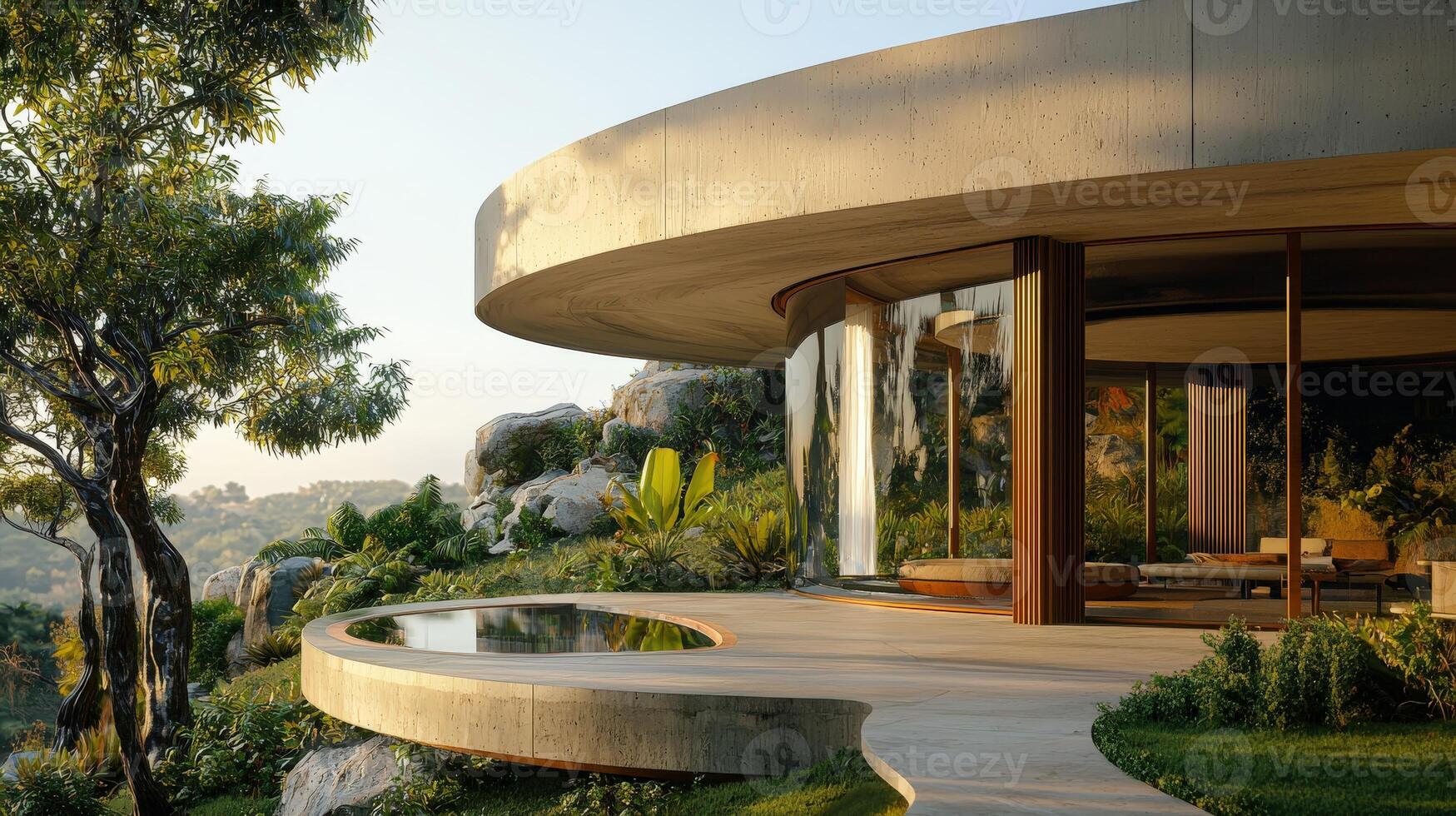 A modern house with a circular design on top of a hill photo
