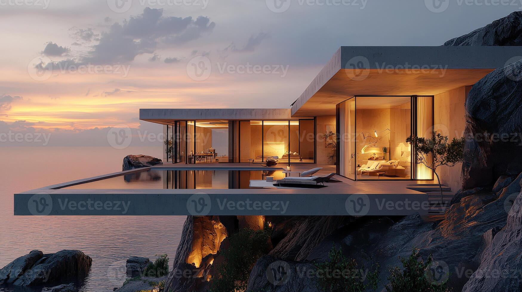 Modern house on the edge of the cliff overlooking the ocean photo