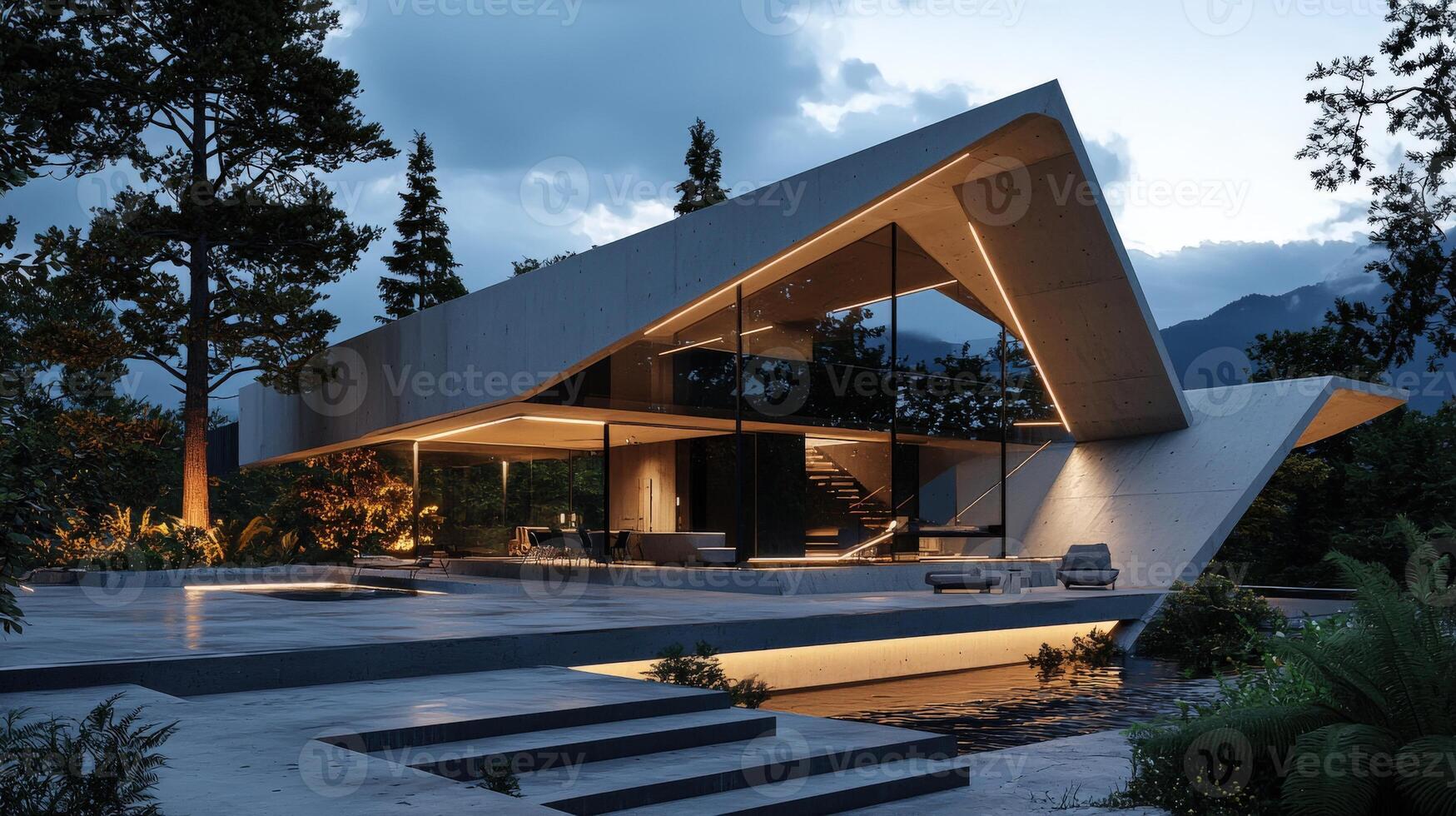 Modern house with a curved roof and a pool photo
