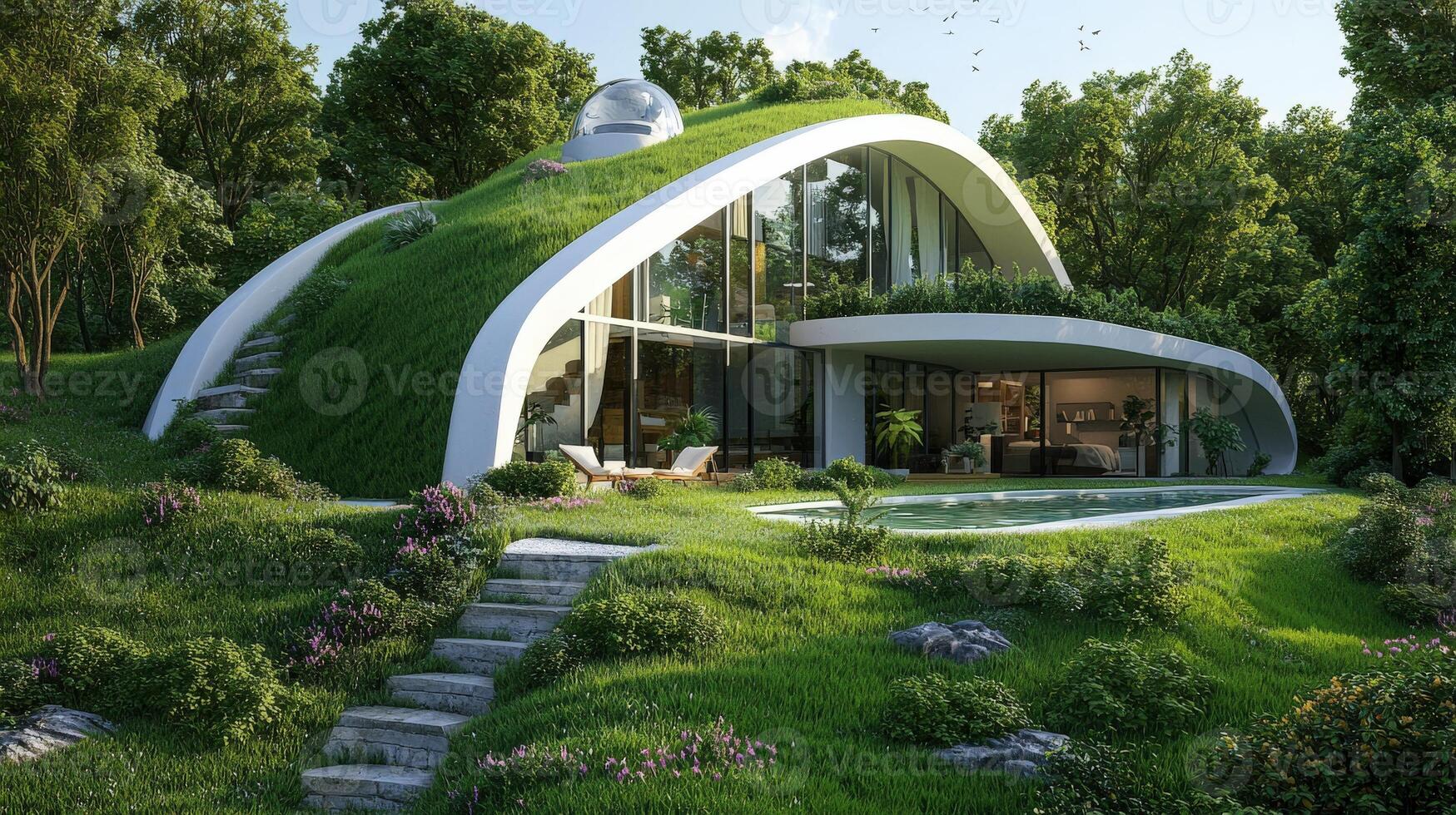 A house with a green roof and grassy lawn photo
