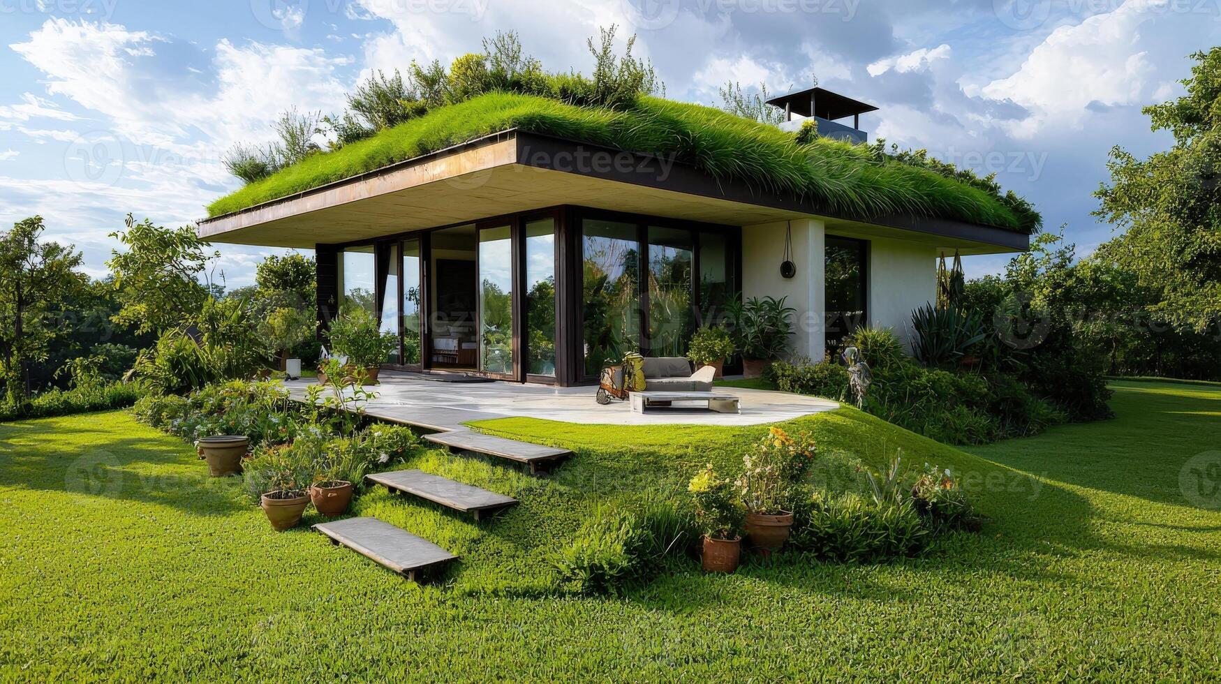 A house with a green roof on top photo