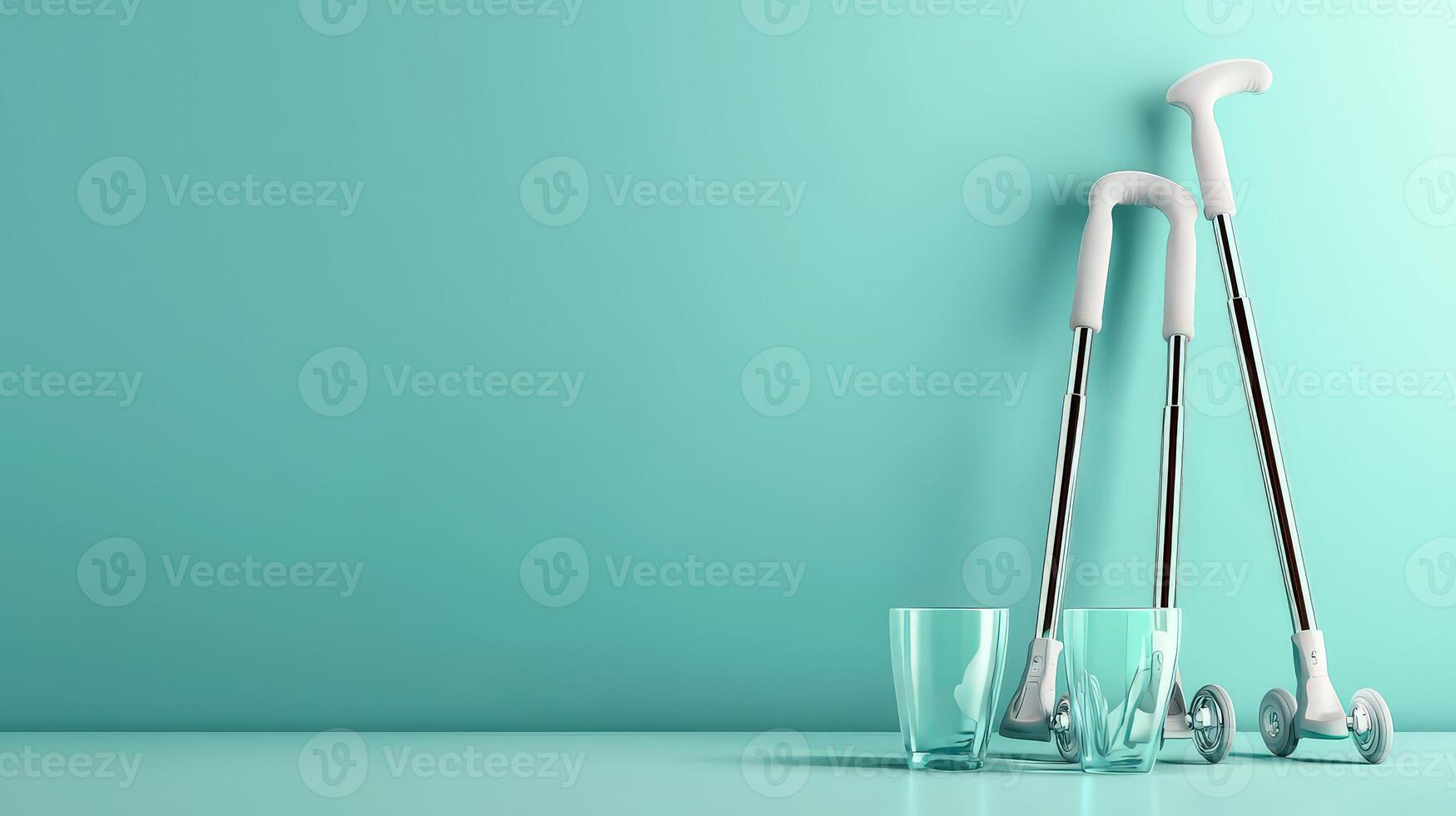 Three walking sticks and a glass on a blue background photo