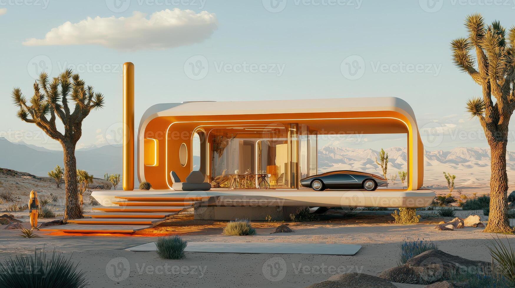 A futuristic house in the desert with a car photo