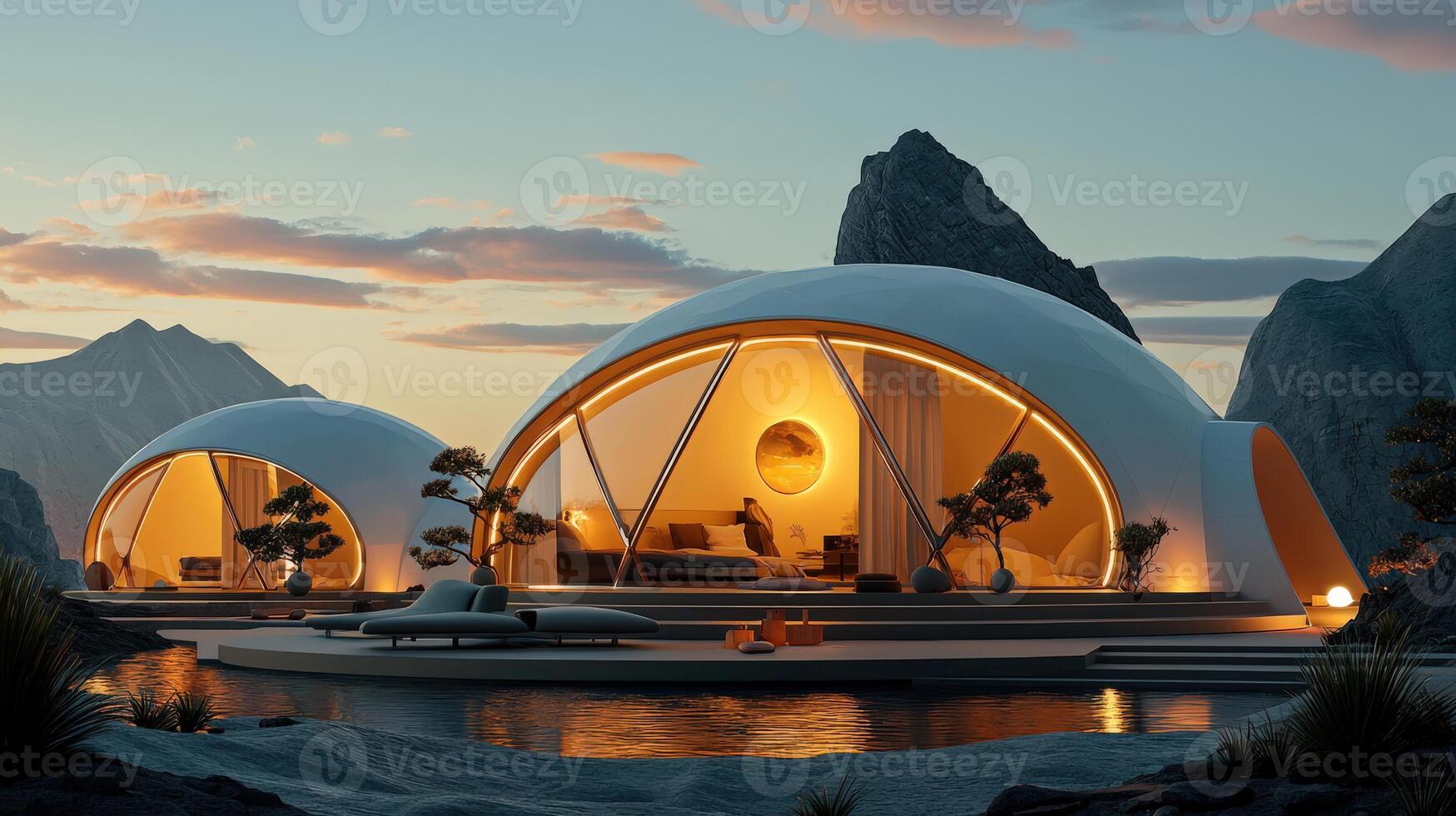 A futuristic house with a pool and mountains in the background photo