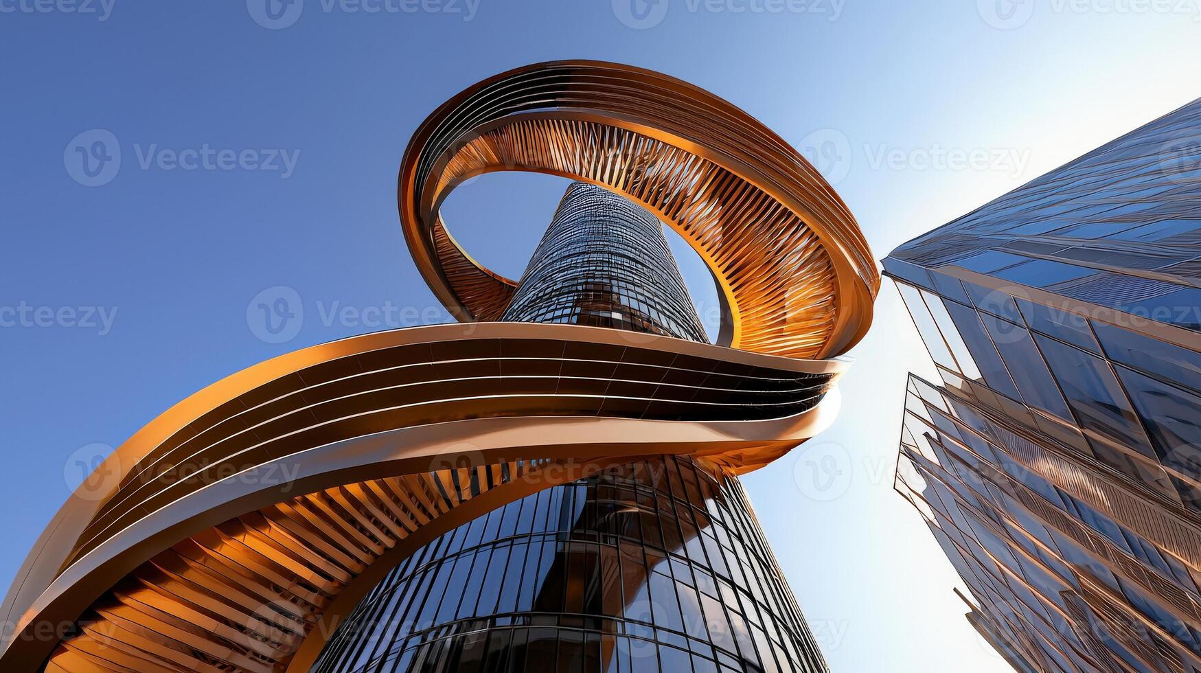 A tall building with a spiral staircase in front of it photo