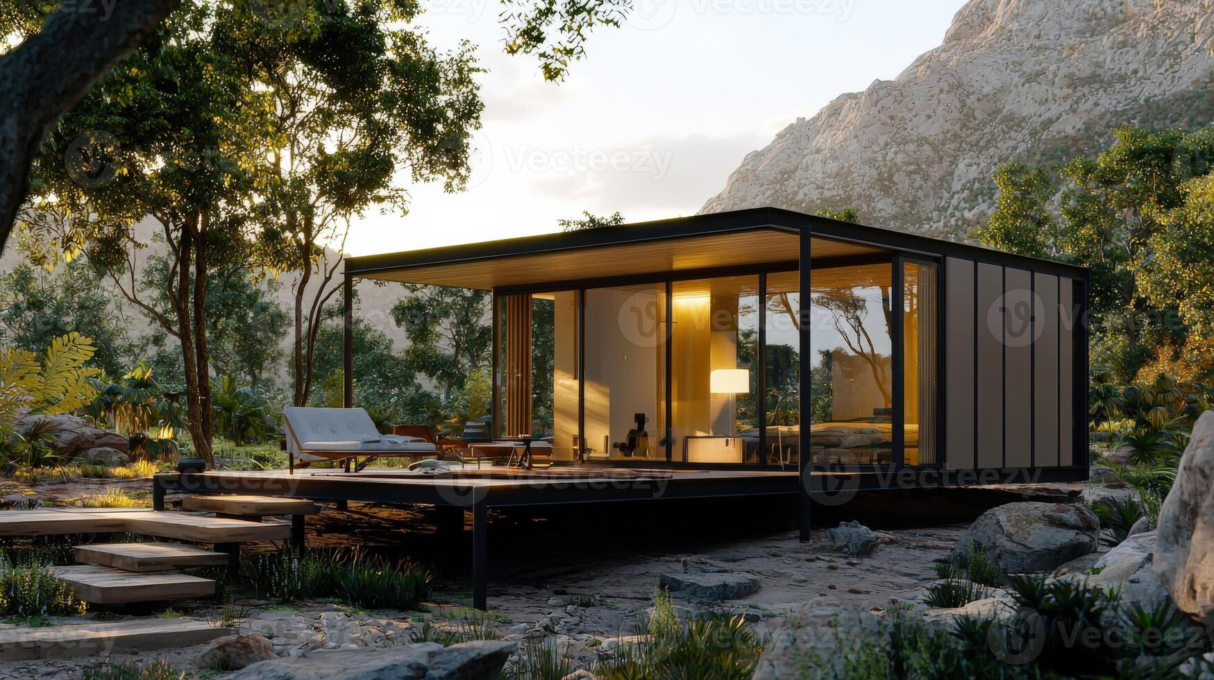 A modern cabin in the woods with trees and rocks photo
