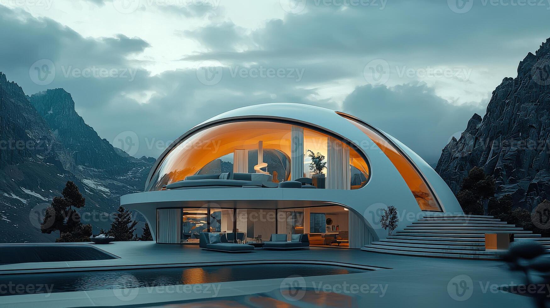 A futuristic house with a pool in front of mountains photo