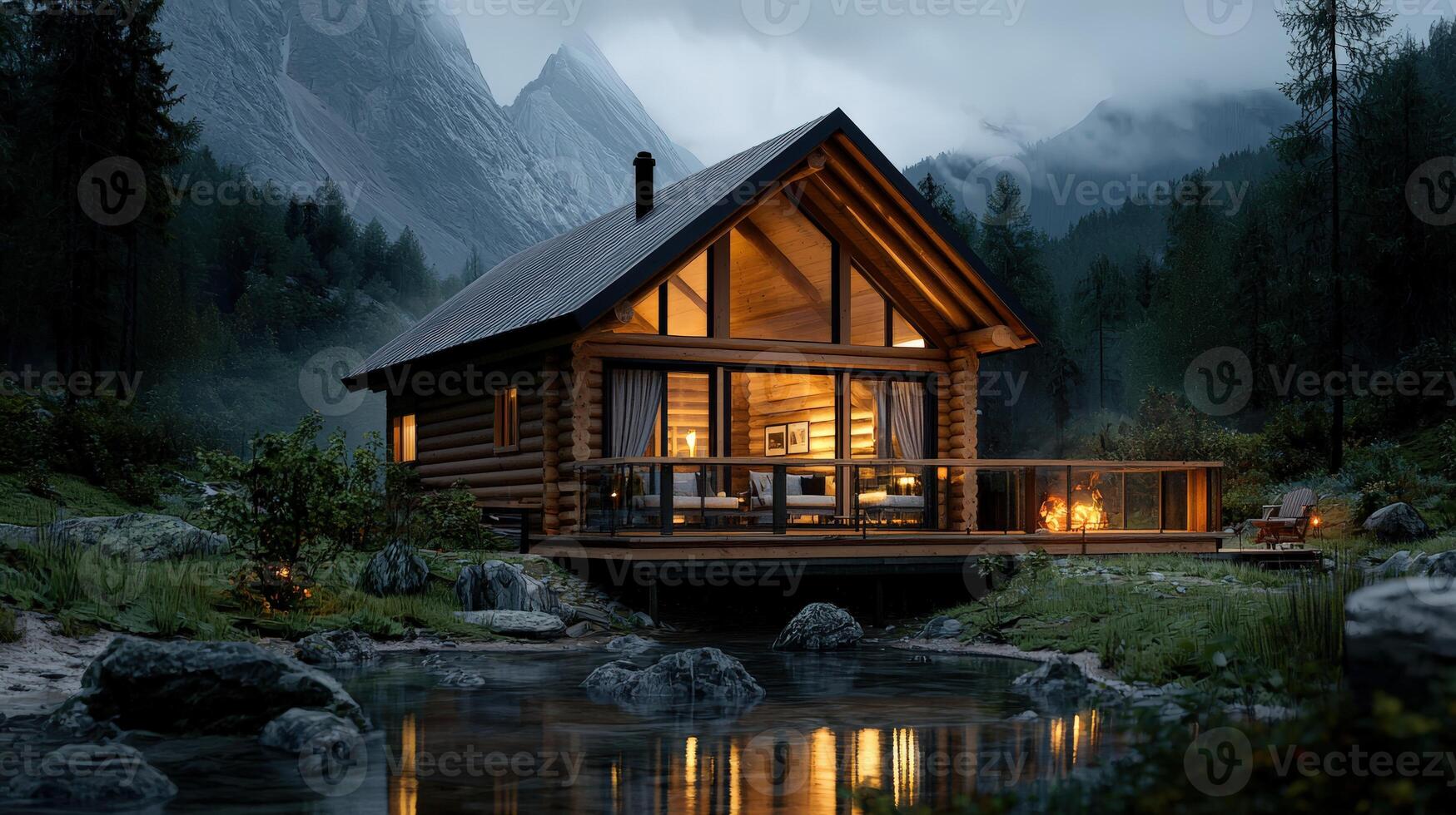A cabin in the woods with a fire and a mountain view photo