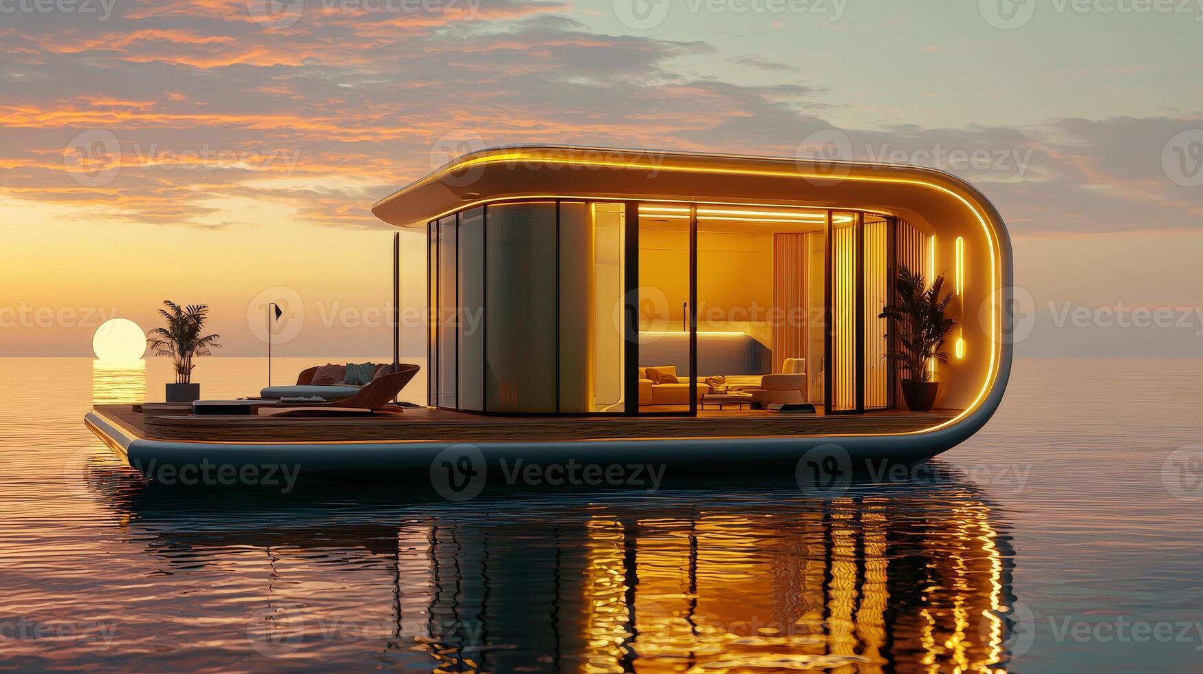 A floating house with a bed on the water photo