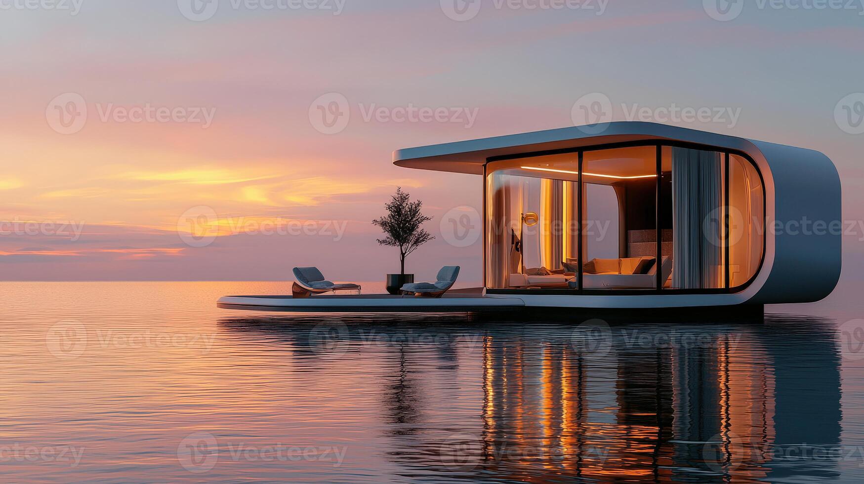 A floating house in the ocean at sunset photo