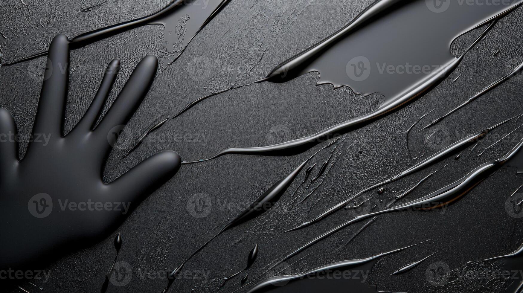 A hand is touching a black surface with a lot of water photo