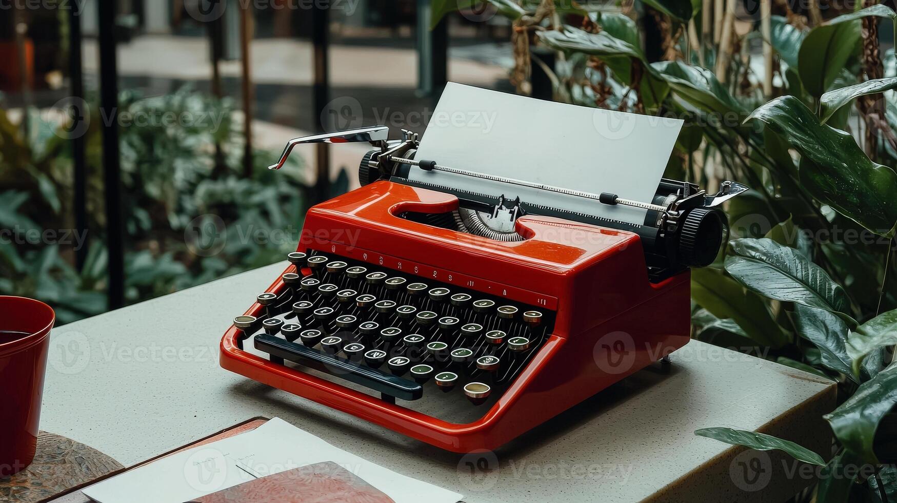 A red typewriter on a table with a cup of coffee photo
