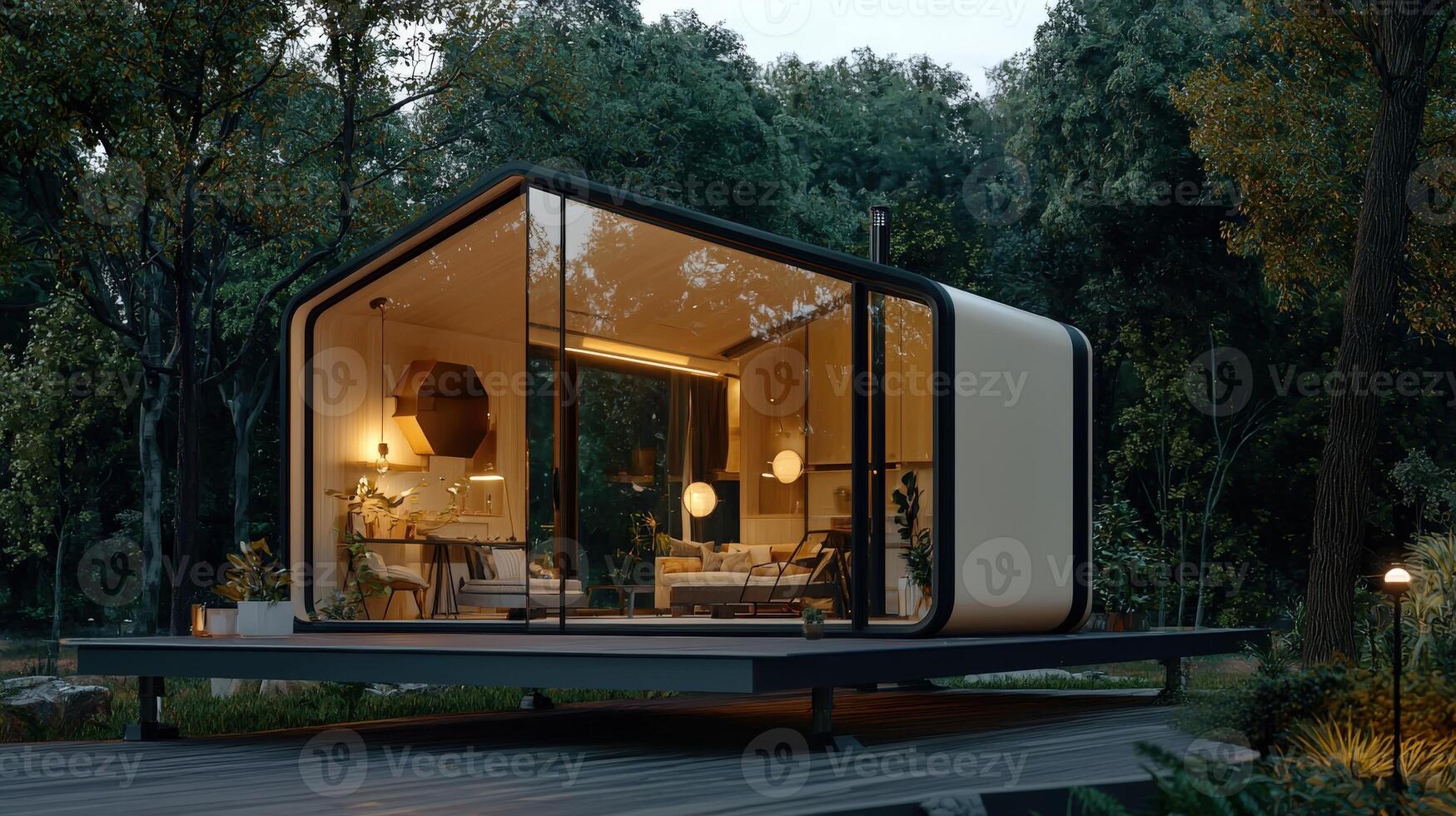 A tiny house in the woods with a porch photo