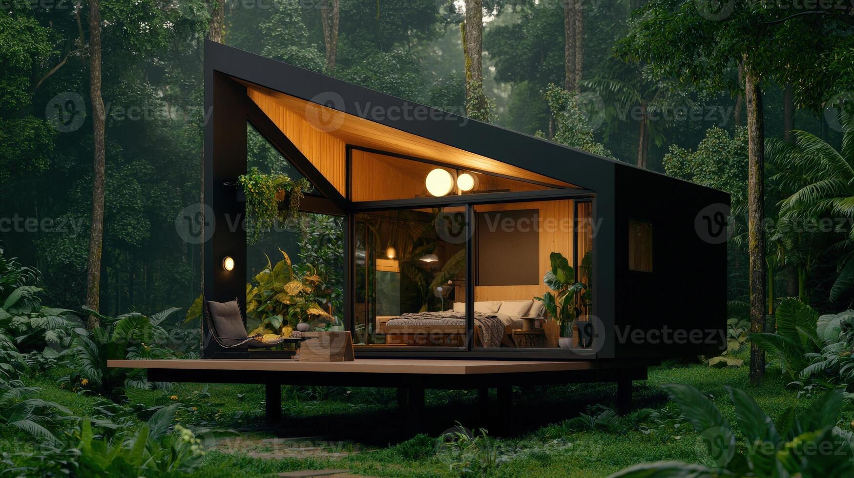 A tiny cabin in the middle of a forest photo