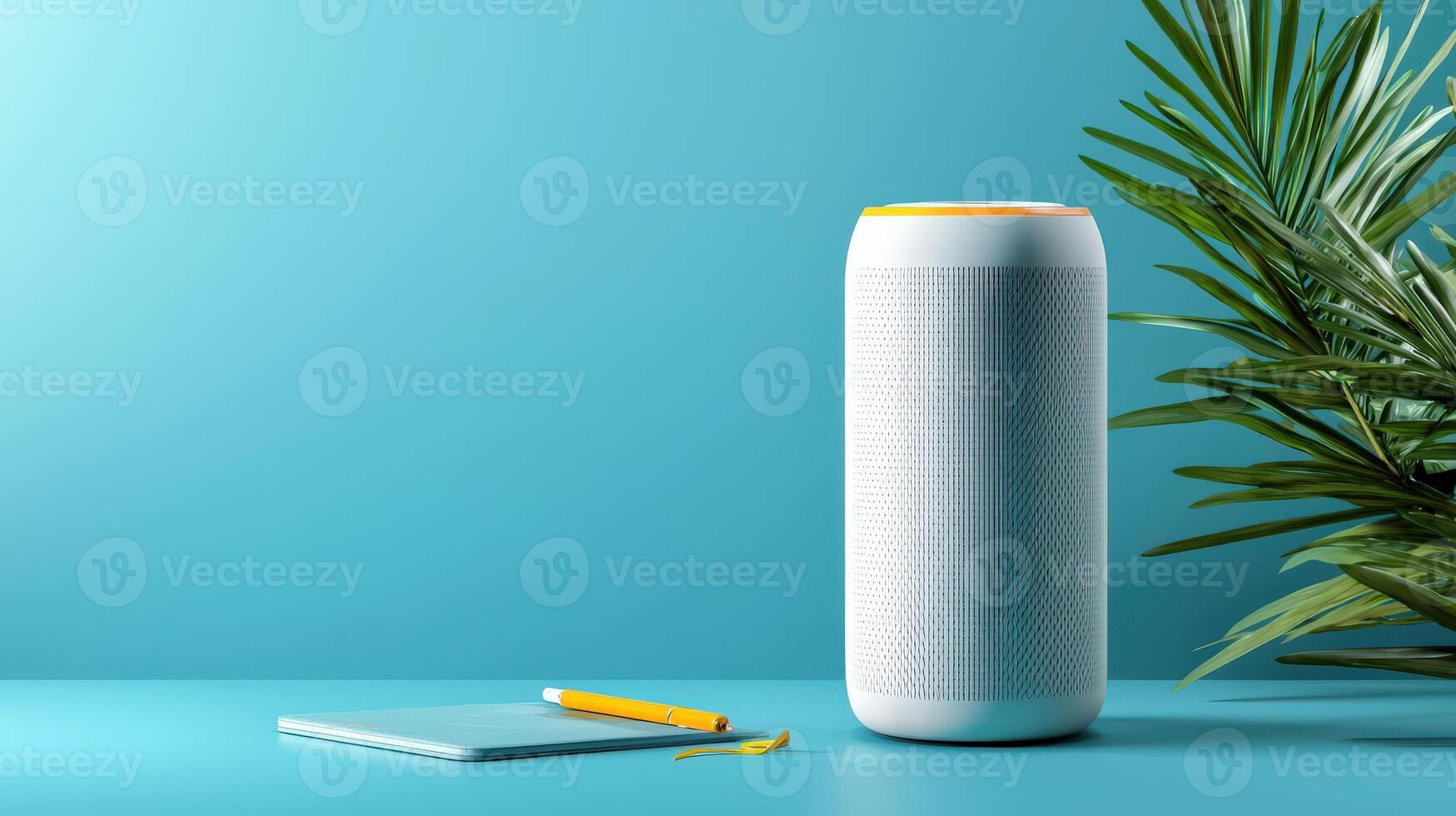 The smart speaker is next to a plant and a notebook photo
