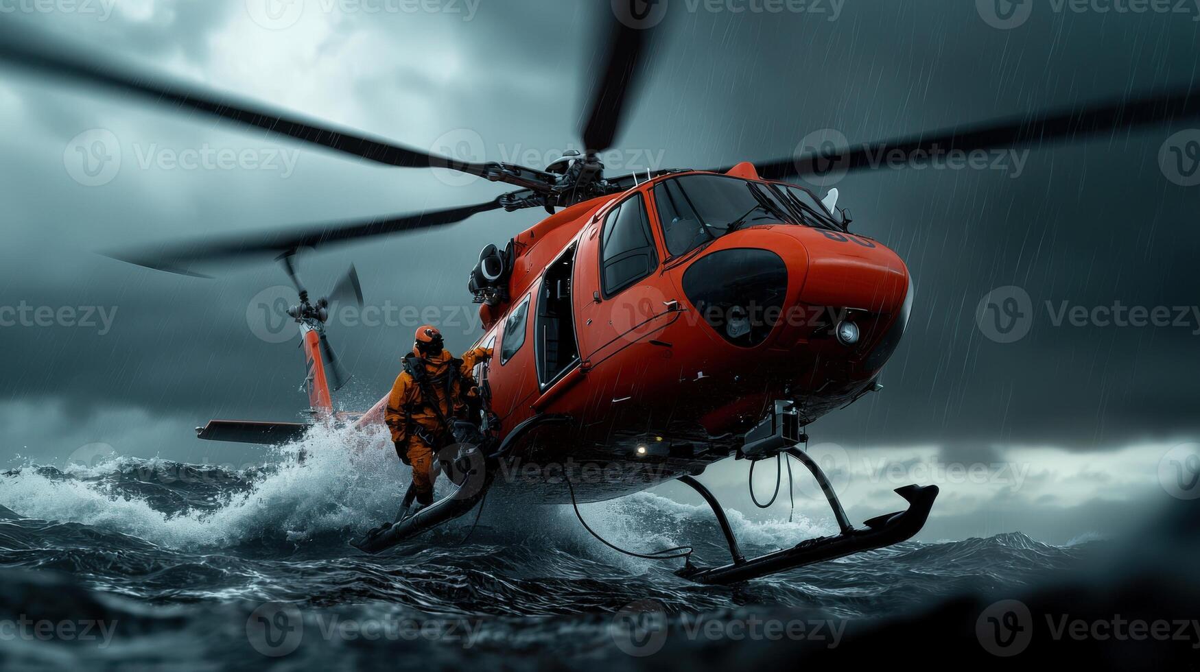 A man in a life jacket is standing on the side of a helicopter photo