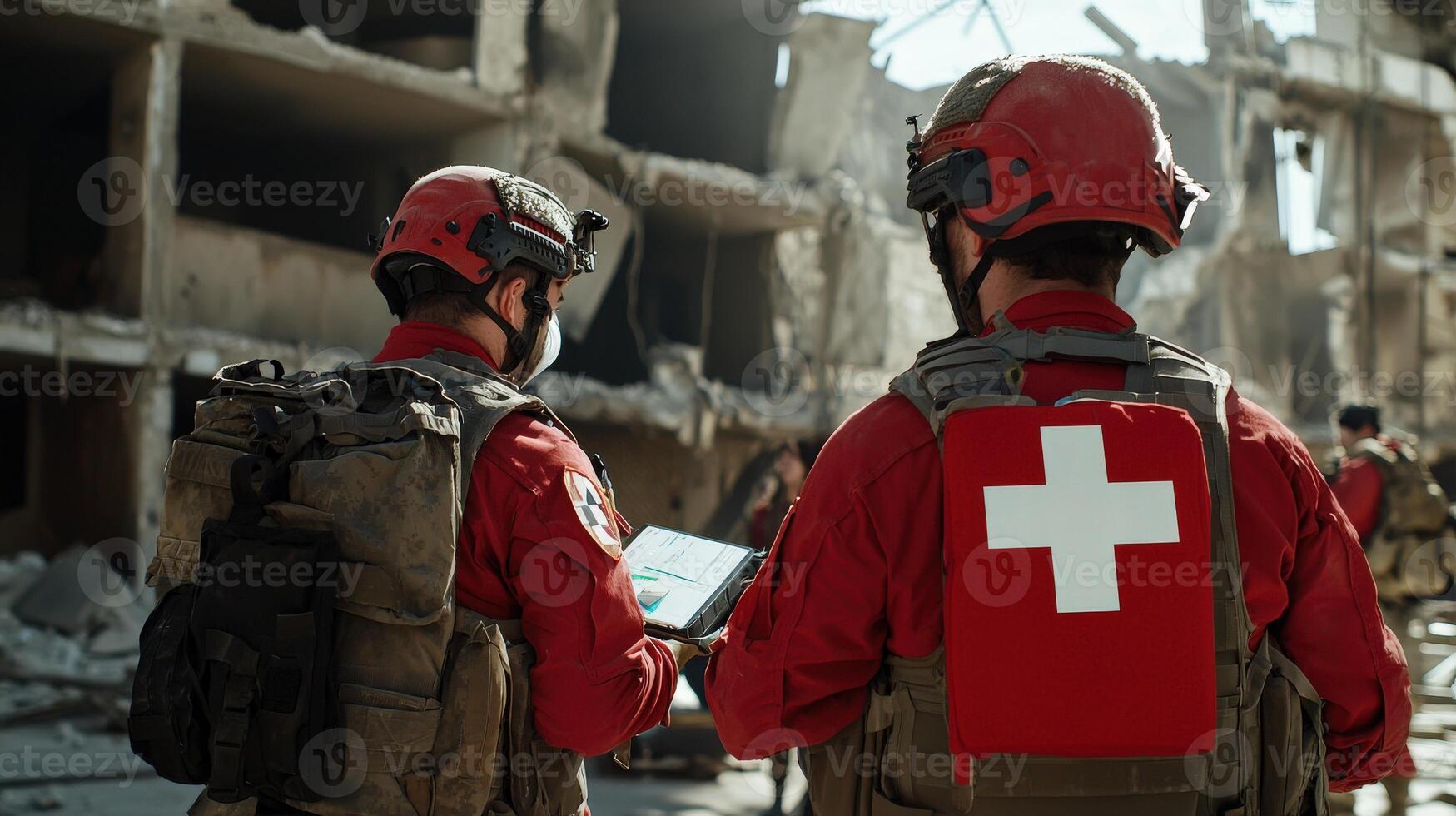 Two men in red uniforms with red cross on their back photo
