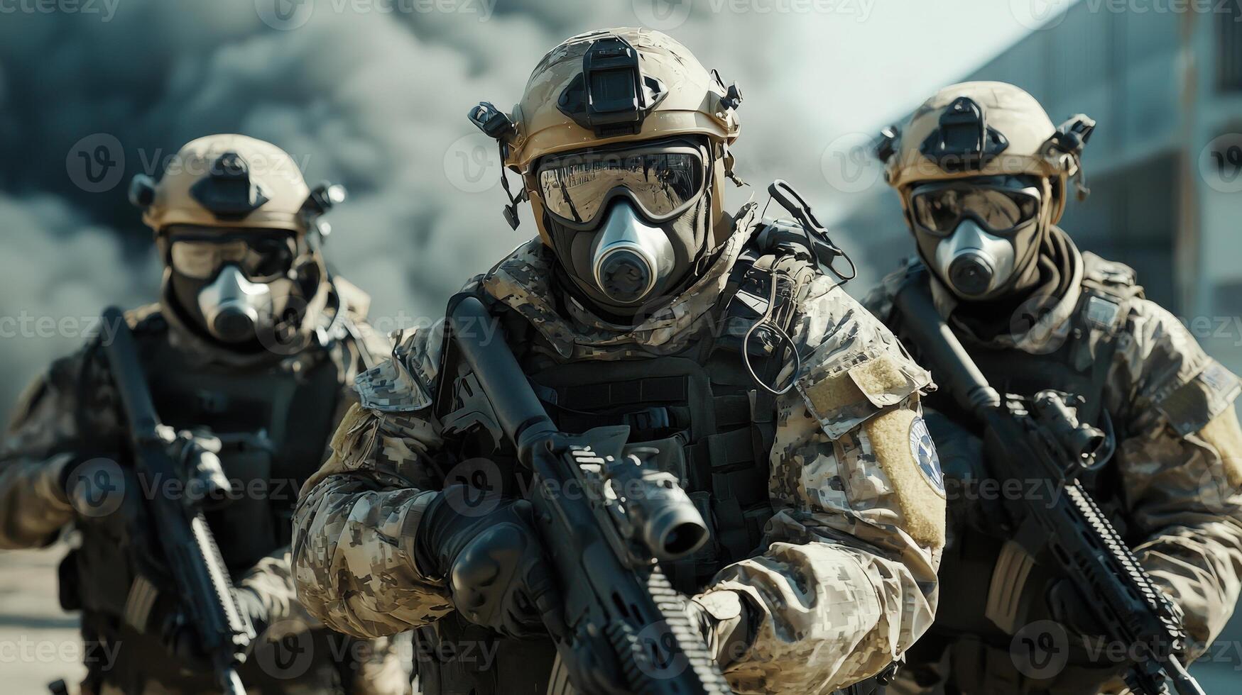 Soldiers in gas masks with guns and smoke photo