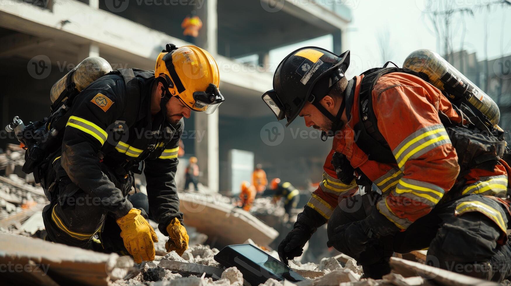 Two firefighters working on a laptop computer photo