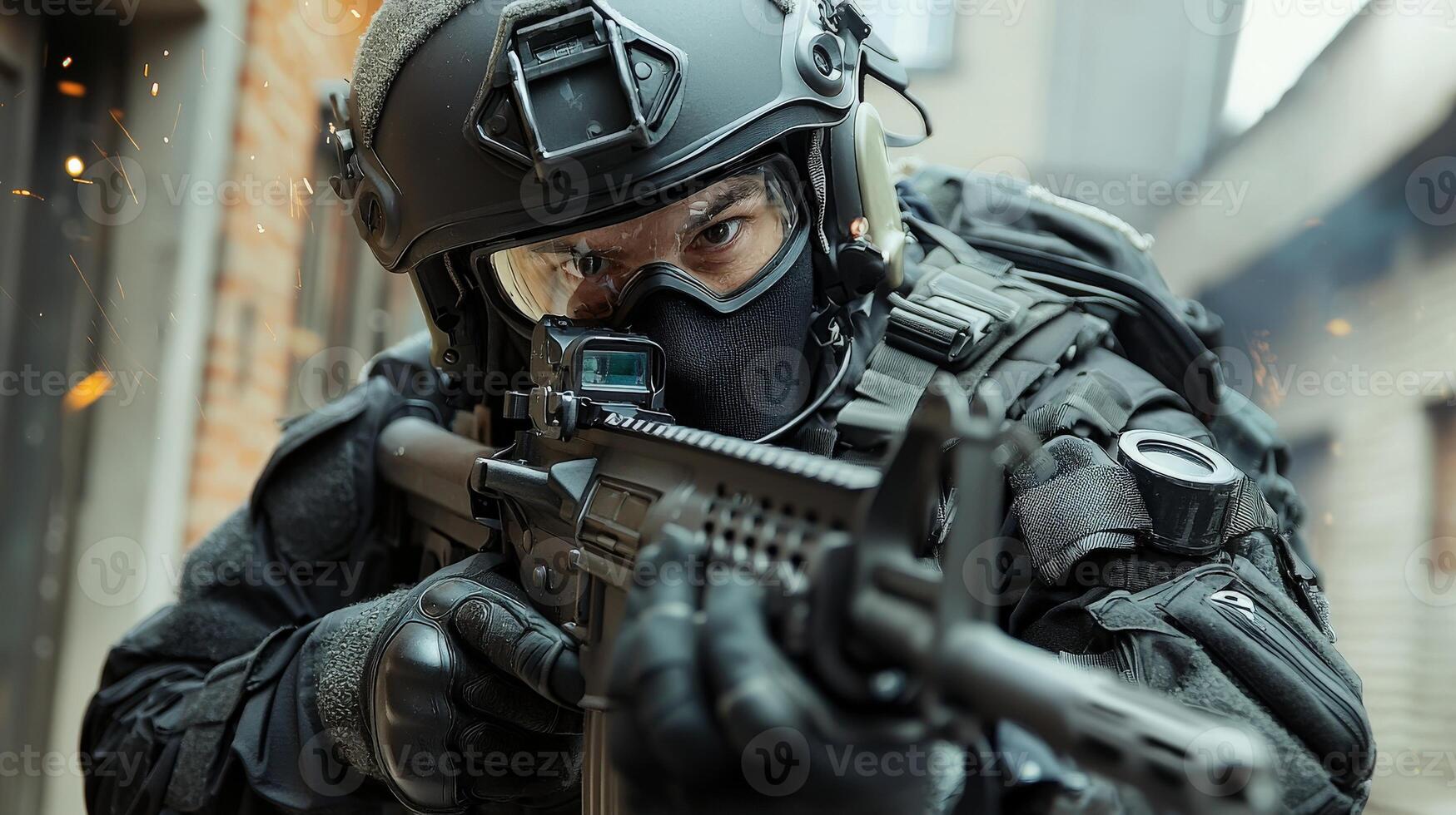 Swat team member with rifle and helmet photo