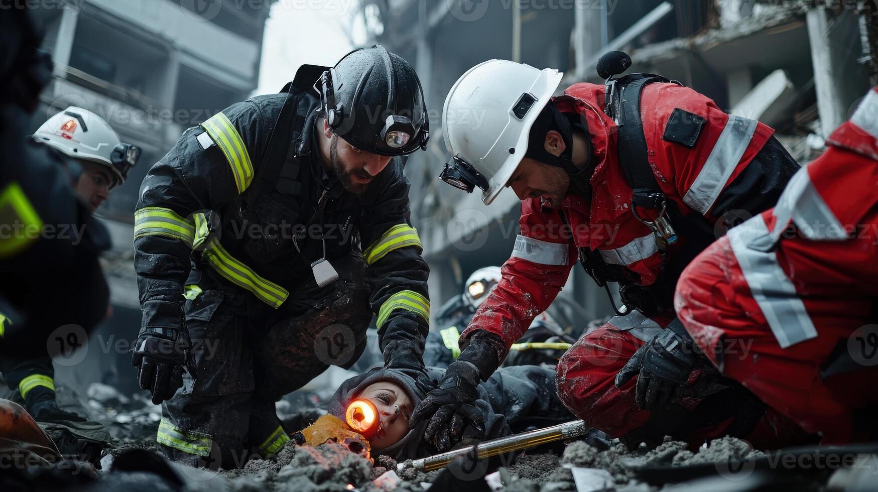Firefighters working together to put out a fire photo