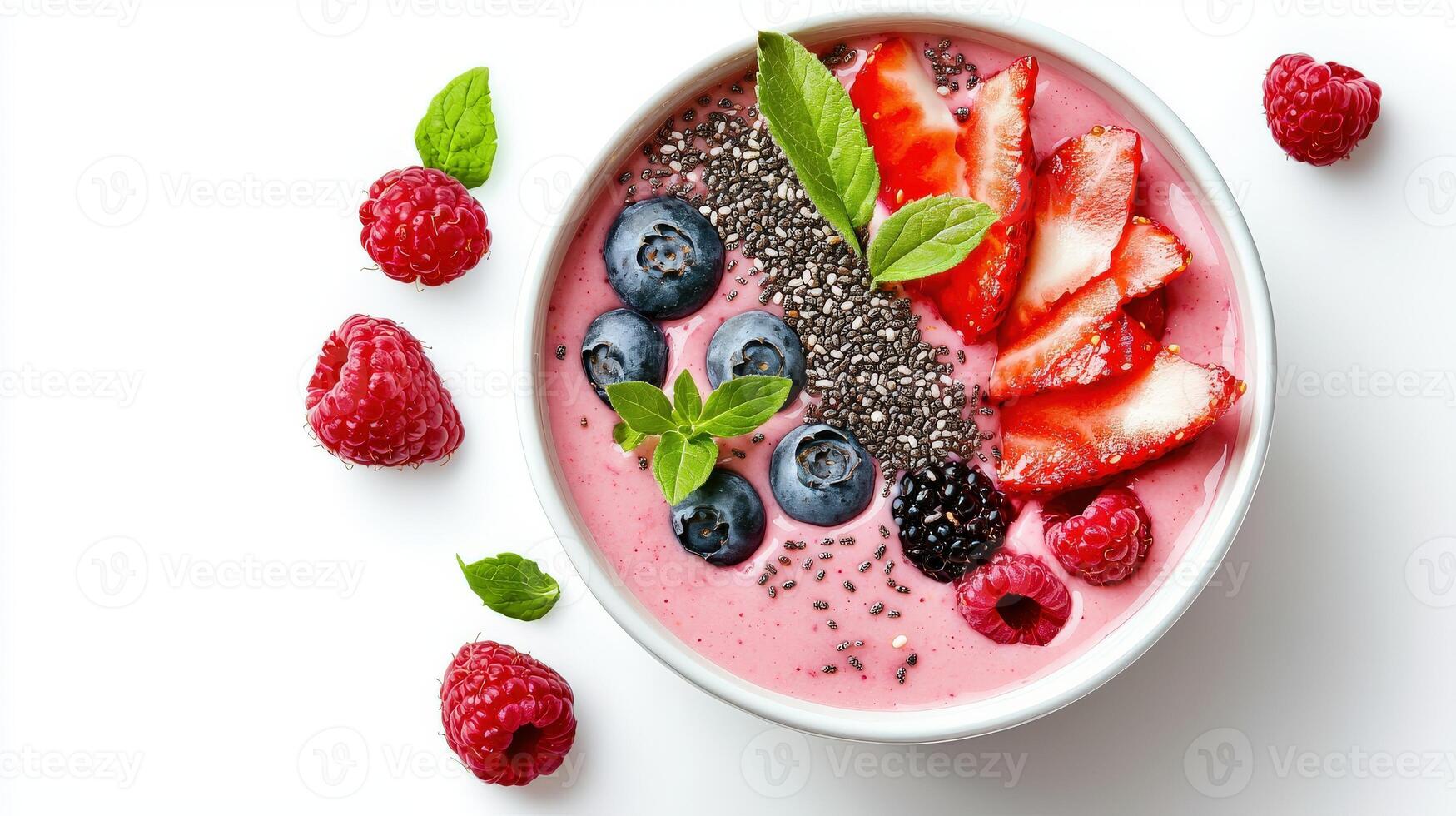 A bowl of smoothie with berries and chia seeds photo