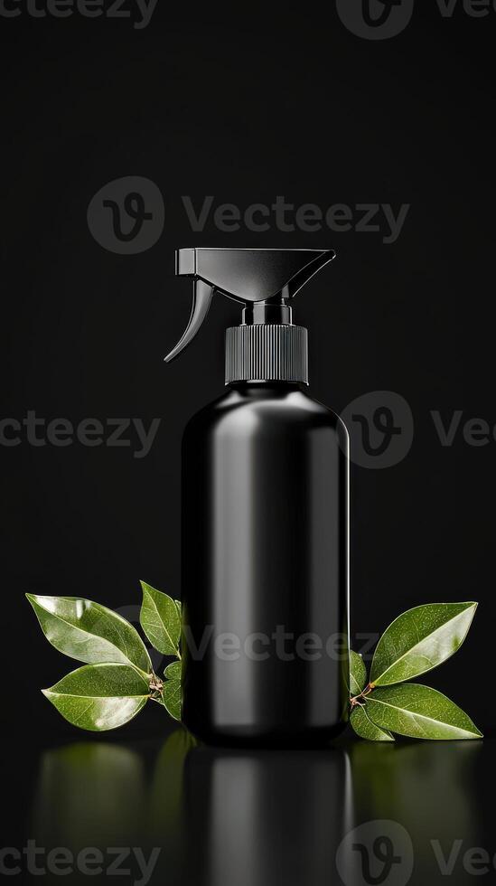 Black spray bottle with green leaves on a black background photo