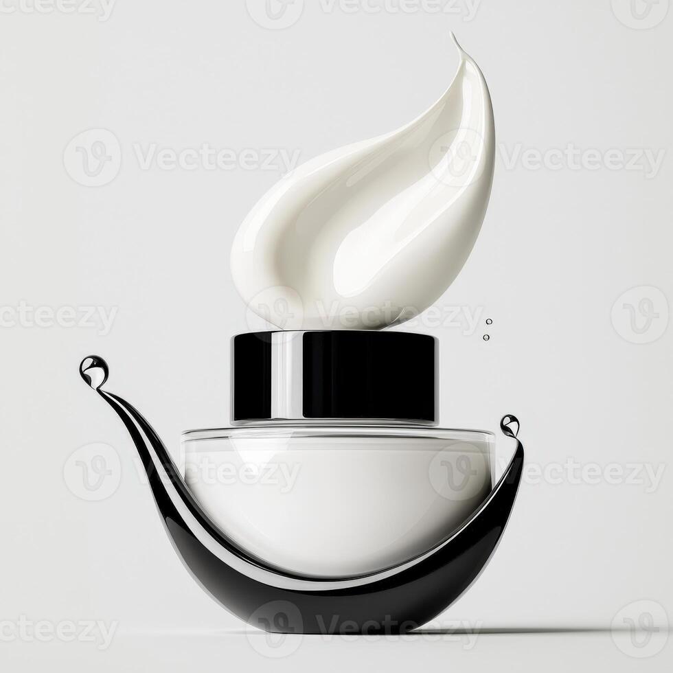 A white cream jar with a black lid and a white liquid photo