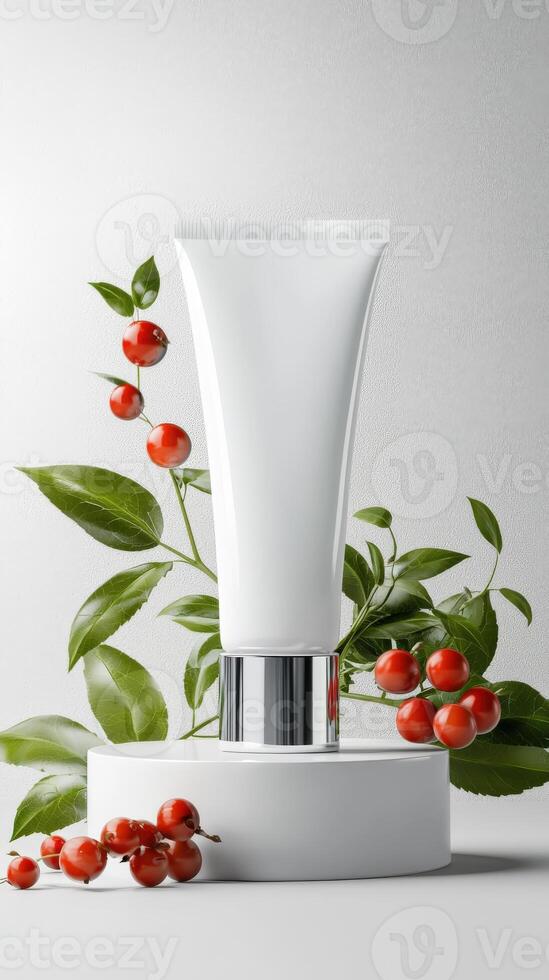 A tube of cream on a pedestal with red berries photo
