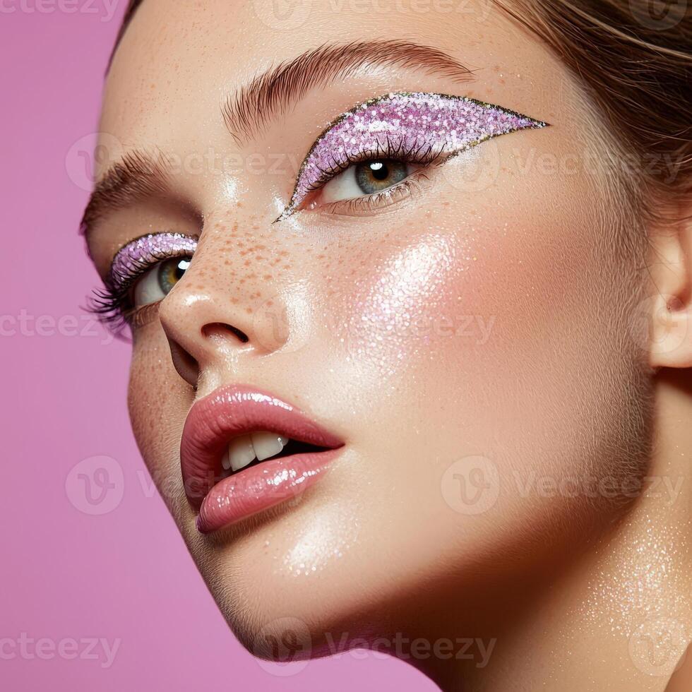 A woman with pink makeup and glitter on her face photo